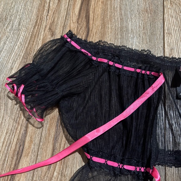 Vintage Y2K 2006 Sheer Pleated Milk Maid Tie Babydoll Black Pink Ribbon - Picture 5 of 6